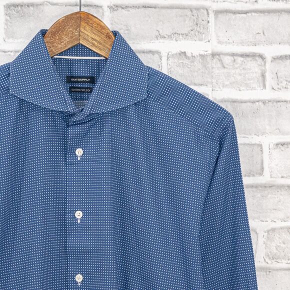 SUITSUPPLY Men's Spread Collar Dress Shirt in Blue mini Polka dot size 15 1/2 L - Picture 4 of 6